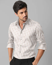 Cream Floral Printed Casual Full Sleeve Shirt For Men With Pocket